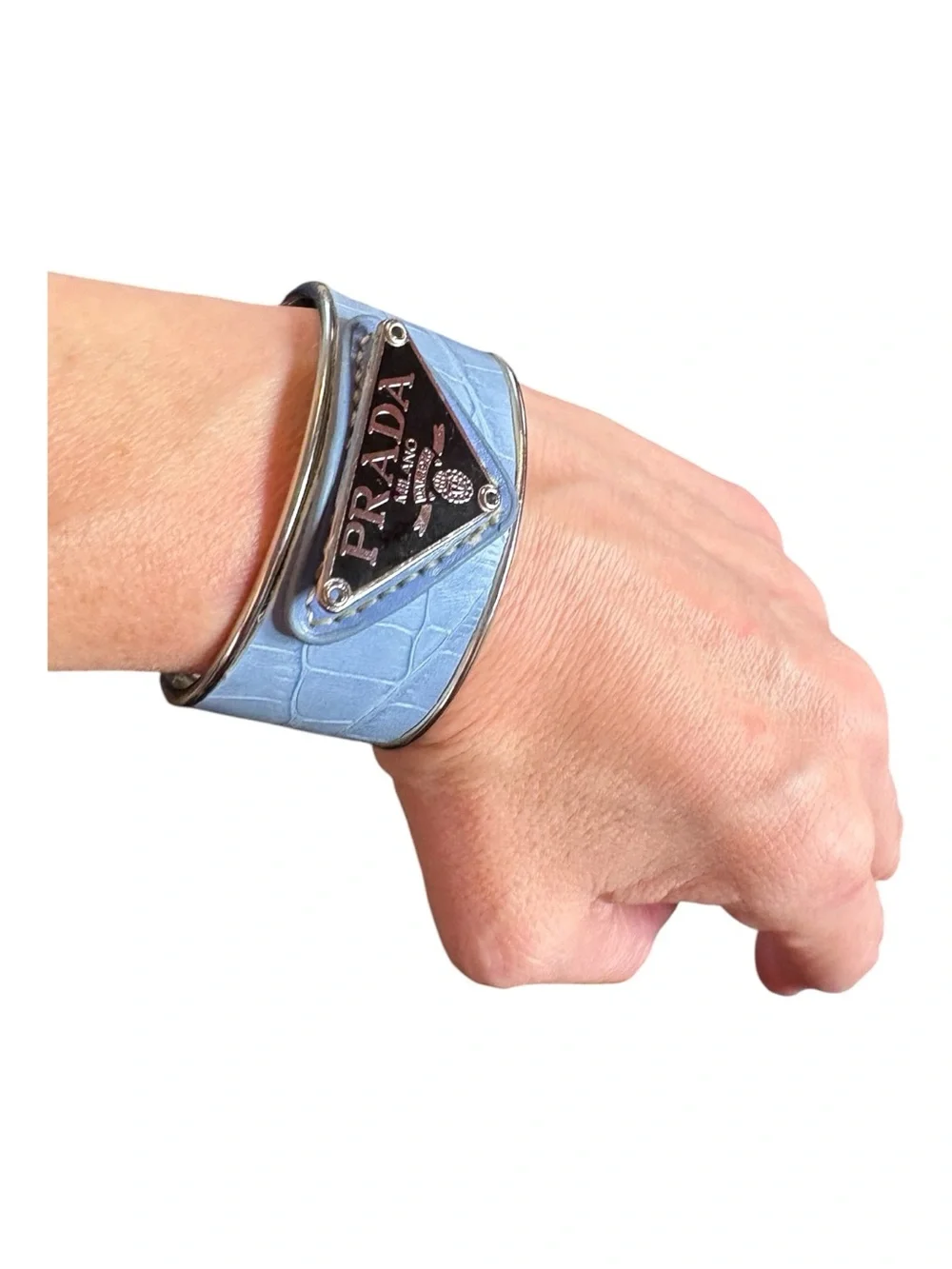 PRADA Upcycled Blue Croc-Embossed Upcycled Silver Cuff Bracelet